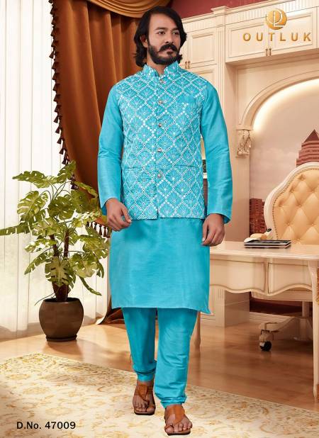 Sky Blue Colour New Exclusive Wear Art Silk Jacquard Print Kurta Pajama With Jacket Mens Collection 47009
